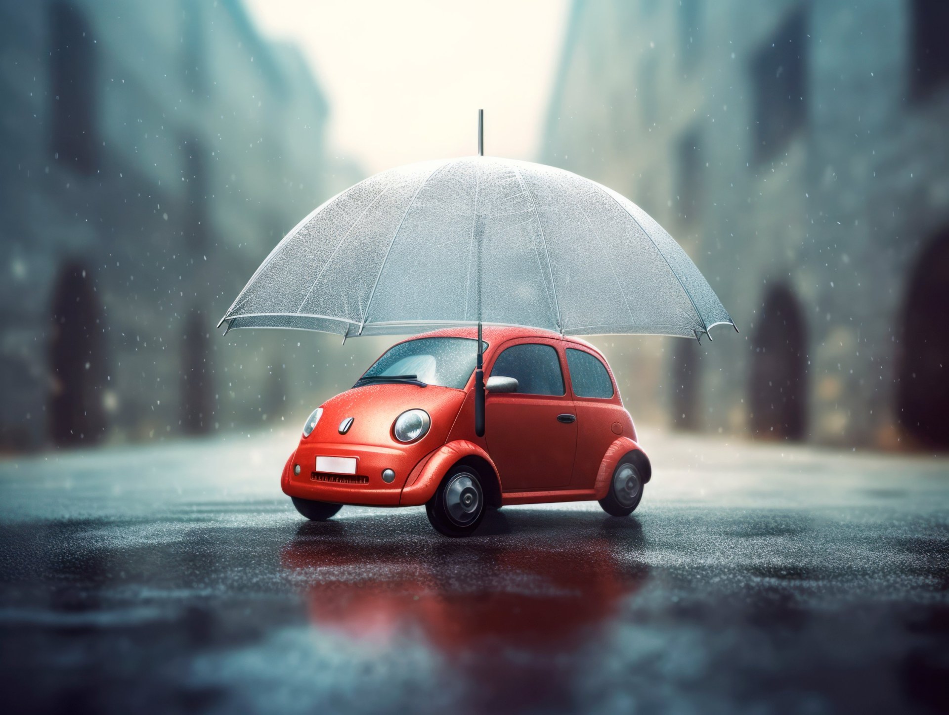 Company, Automobile under the umbrella in rainy day. Safety concept. Ai Generative