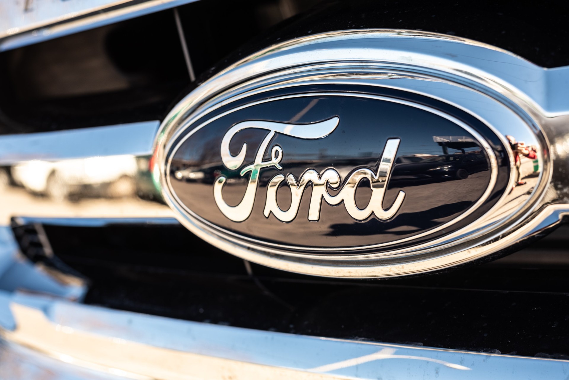 Logo of the car manufacturer Ford in a parked vehicle.