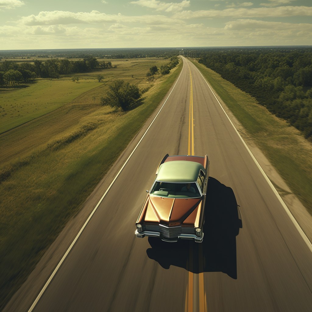 Classic Cadillac Deville model driving on an empty highway, aerial view