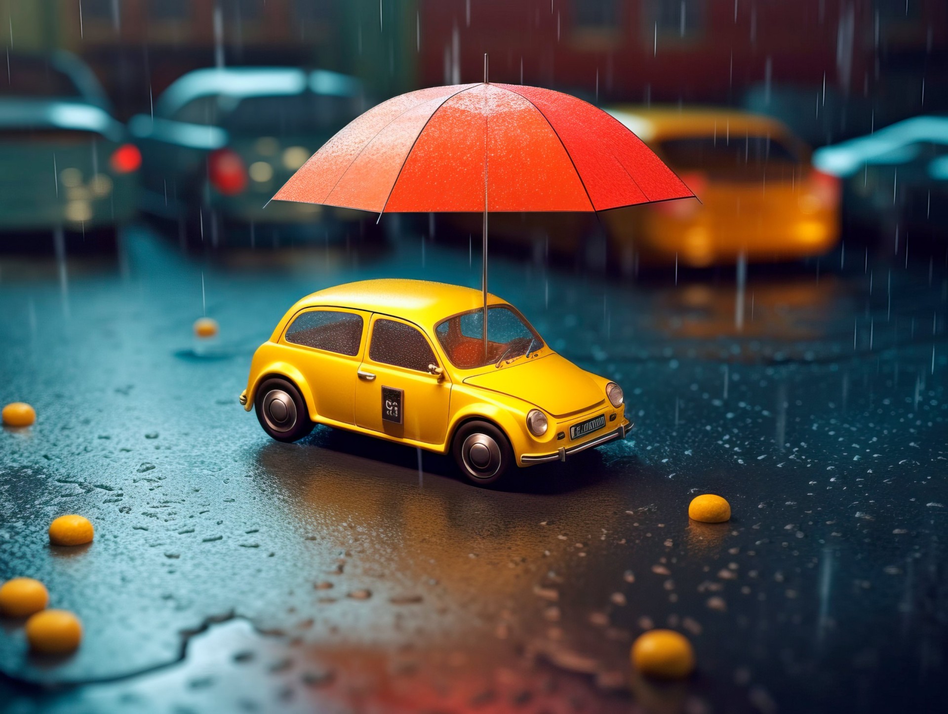 Road Safe Assurance: Unwavering Support and Protection for Your Vehicle. Your Reliable Car Insurance Company, Automobile under the umbrella in rainy day. Safety concept. Ai Generative