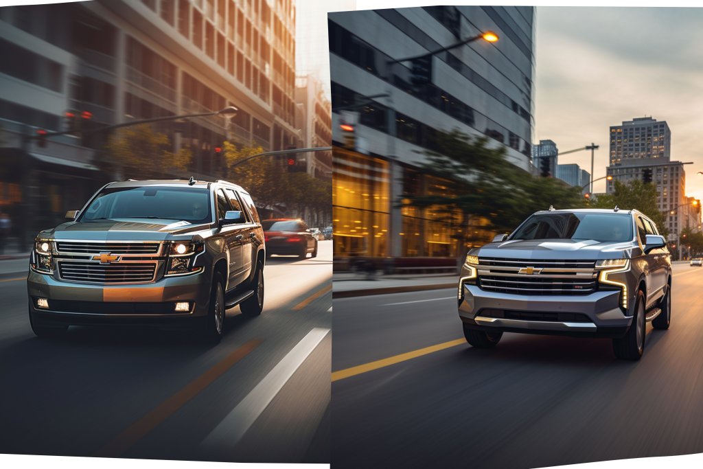 Chevrolet Suburban and Chevrolet Tahoe side by side at the city street