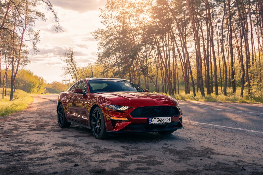 American muscle car Ford Mustang in a red color on the forest road..