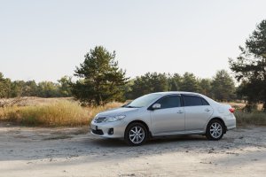 Toyota Corolla grey color, car parking in the forest, travel stop
