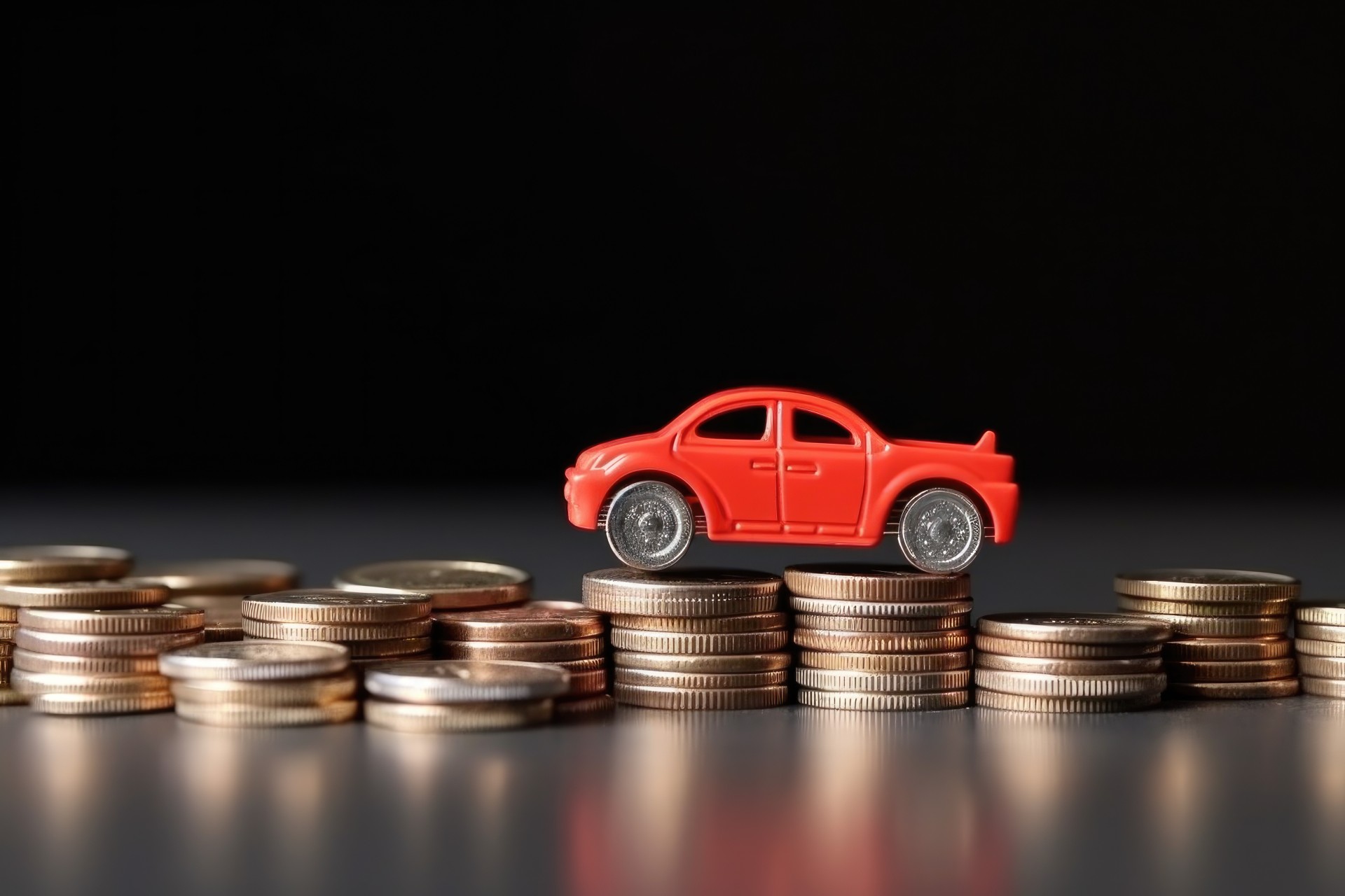 Red car on coins. Car insurance and car loans, concept of savings money on car purchase