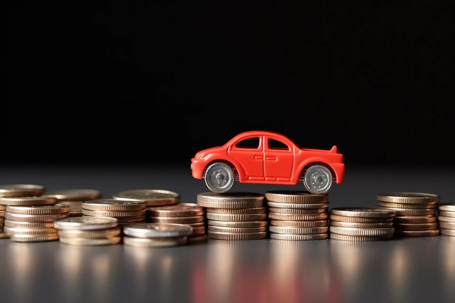 Red car on coins. Car insurance and car loans, concept of savings money on car purchase