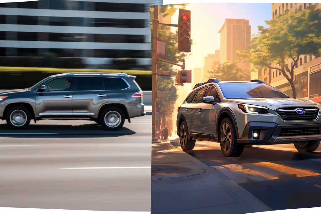 Toyota Highlander and Subaru Outback side by side in motion at a city street