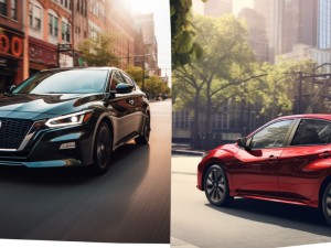 Nissan Altima vs Nissan Sentra side by side at a city street in motion