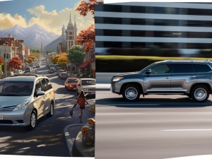 Toyota Sienna vs Toyota Highlander side by side at a city street in motion