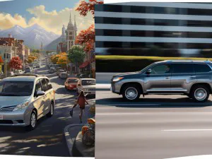 Toyota Sienna vs Toyota Highlander side by side at a city street in motion