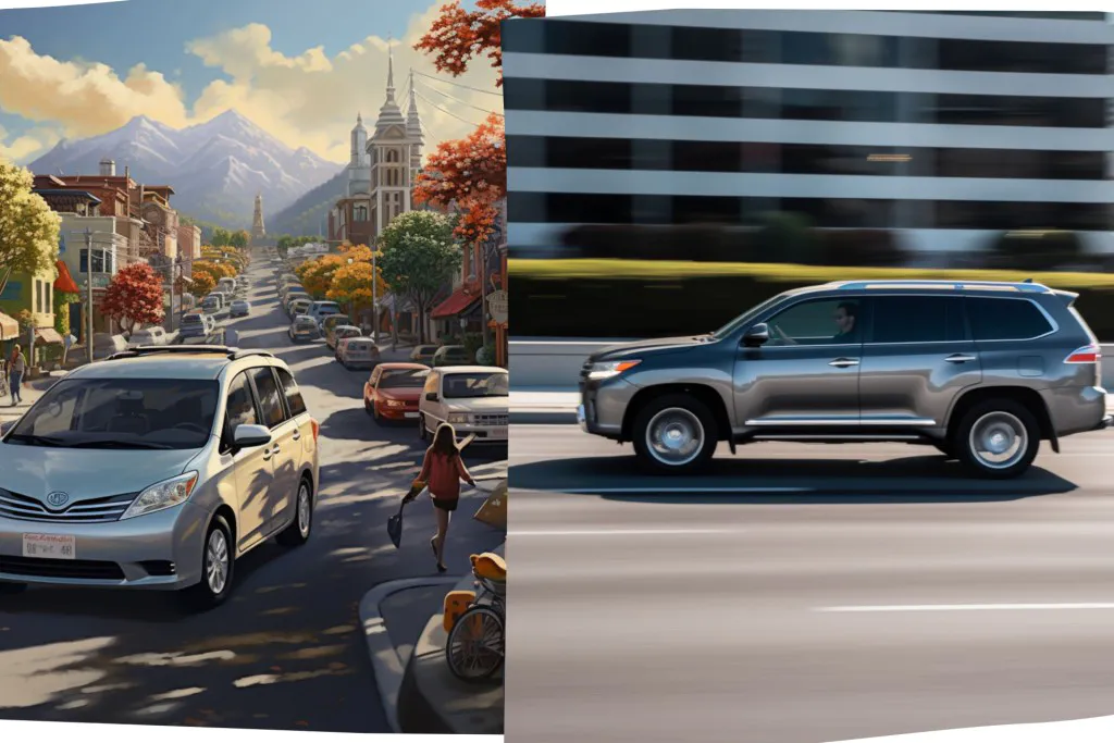 Toyota Sienna vs Toyota Highlander side by side at a city street in motion