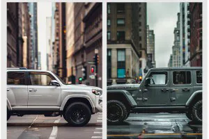 Toyota 4Runner vs Jeep Wrangler side by side at a city street