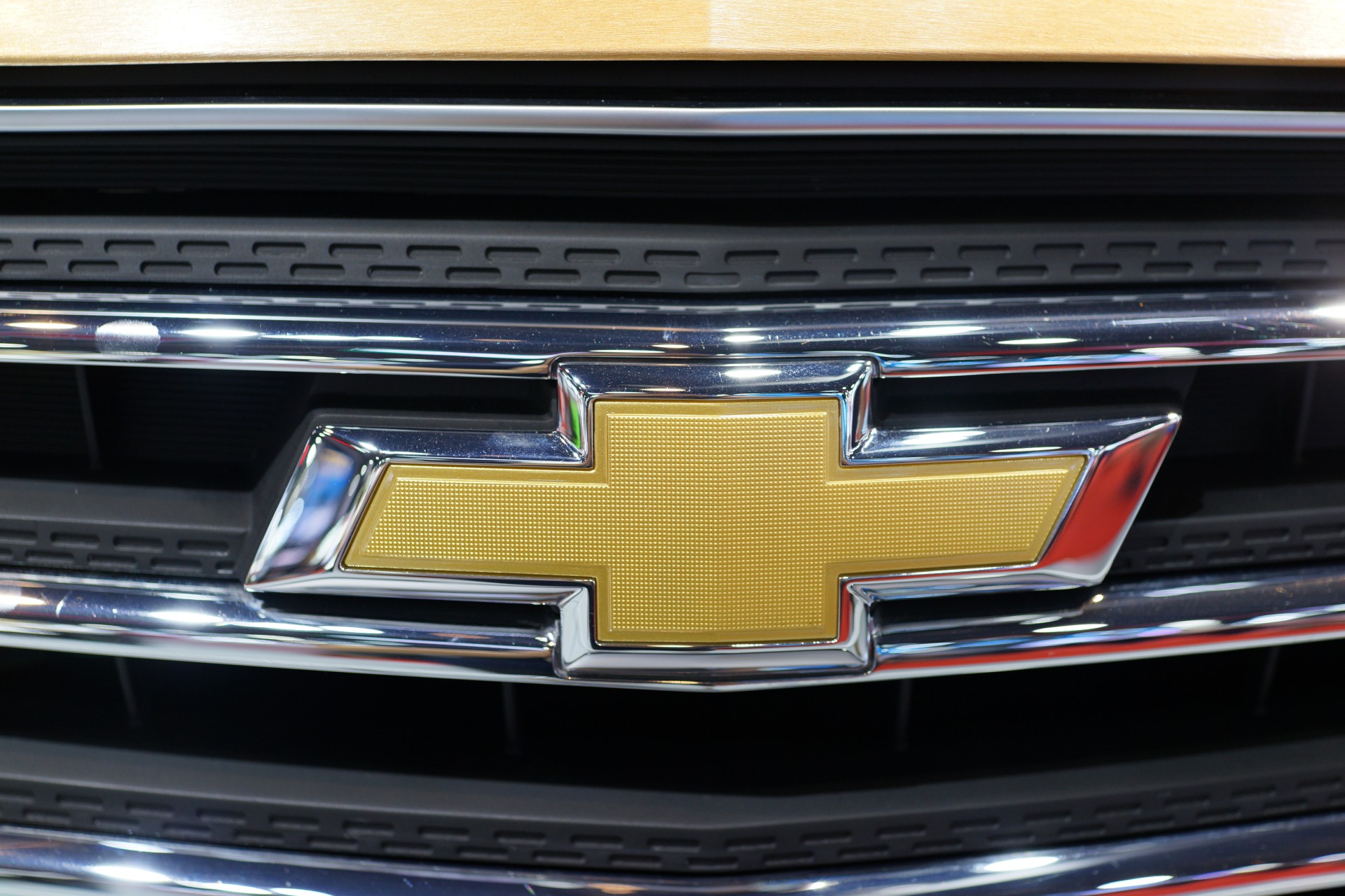 The emblem on the front grille of Chevrolet car at a motor show