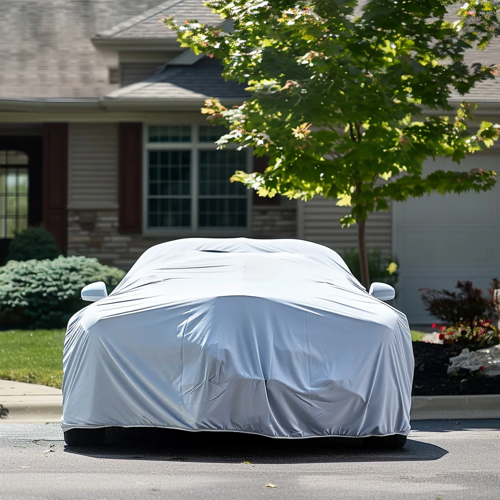 Car parked outside a residence in a car cover