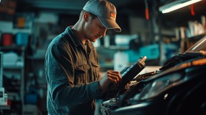 Car Mechanic scanning a vehicle at a city street