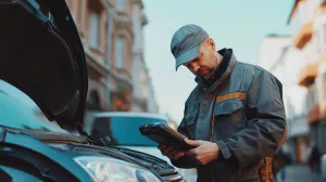 Car Mechanic scanning a vehicle at a city street