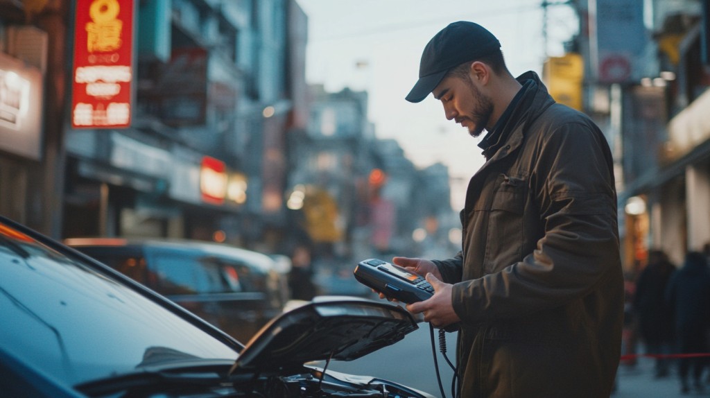 Car Mechanic scanning a vehicle at a city street