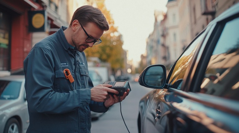 Car Mechanic scanning a vehicle at a city street