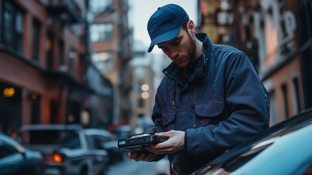 Car Mechanic scanning a vehicle at a city street