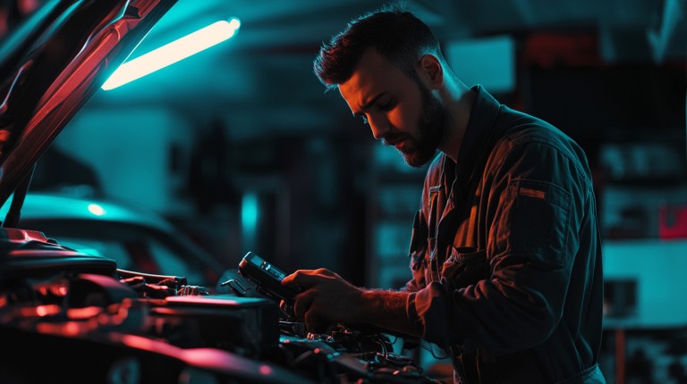 Car Mechanic scanning a vehicle at a repair shop