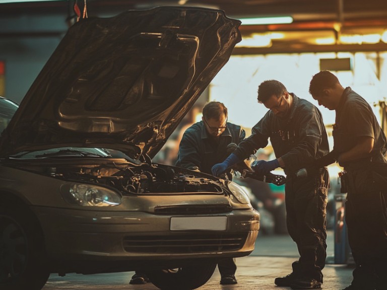 Car Mechanics scanning a vehicle at a repair shop