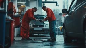 Car Mechanic scanning a vehicle at a city street