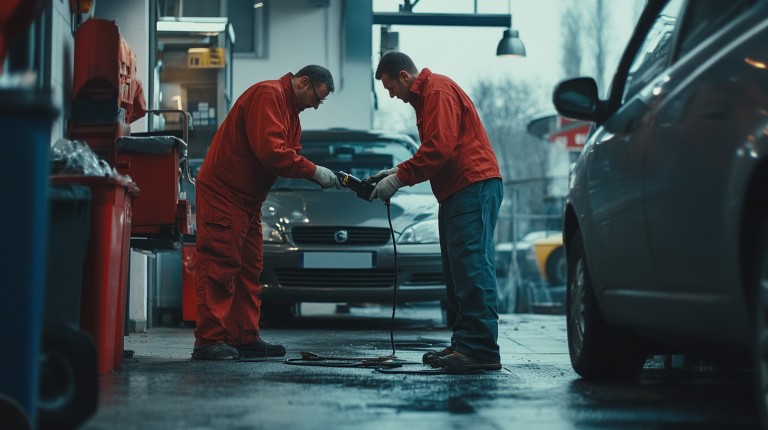 Car Mechanic scanning a vehicle at a city street