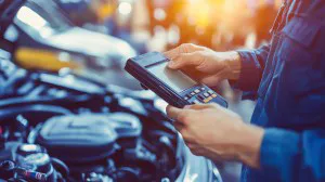 Car Mechanic scanning a vehicle at a city street