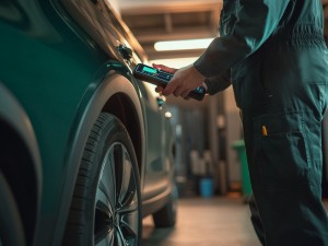 Car Mechanic scanning a vehicle at a repair shop