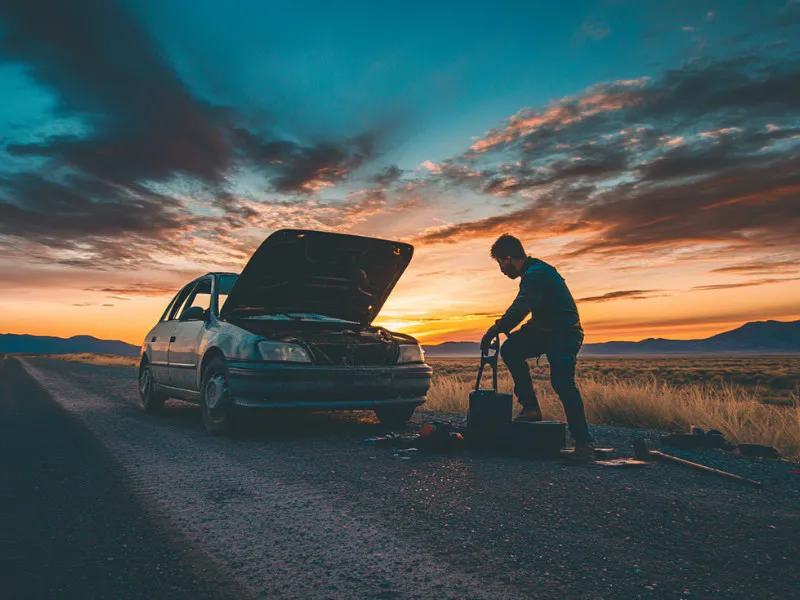 Man fixing a vehicle at the side of the road